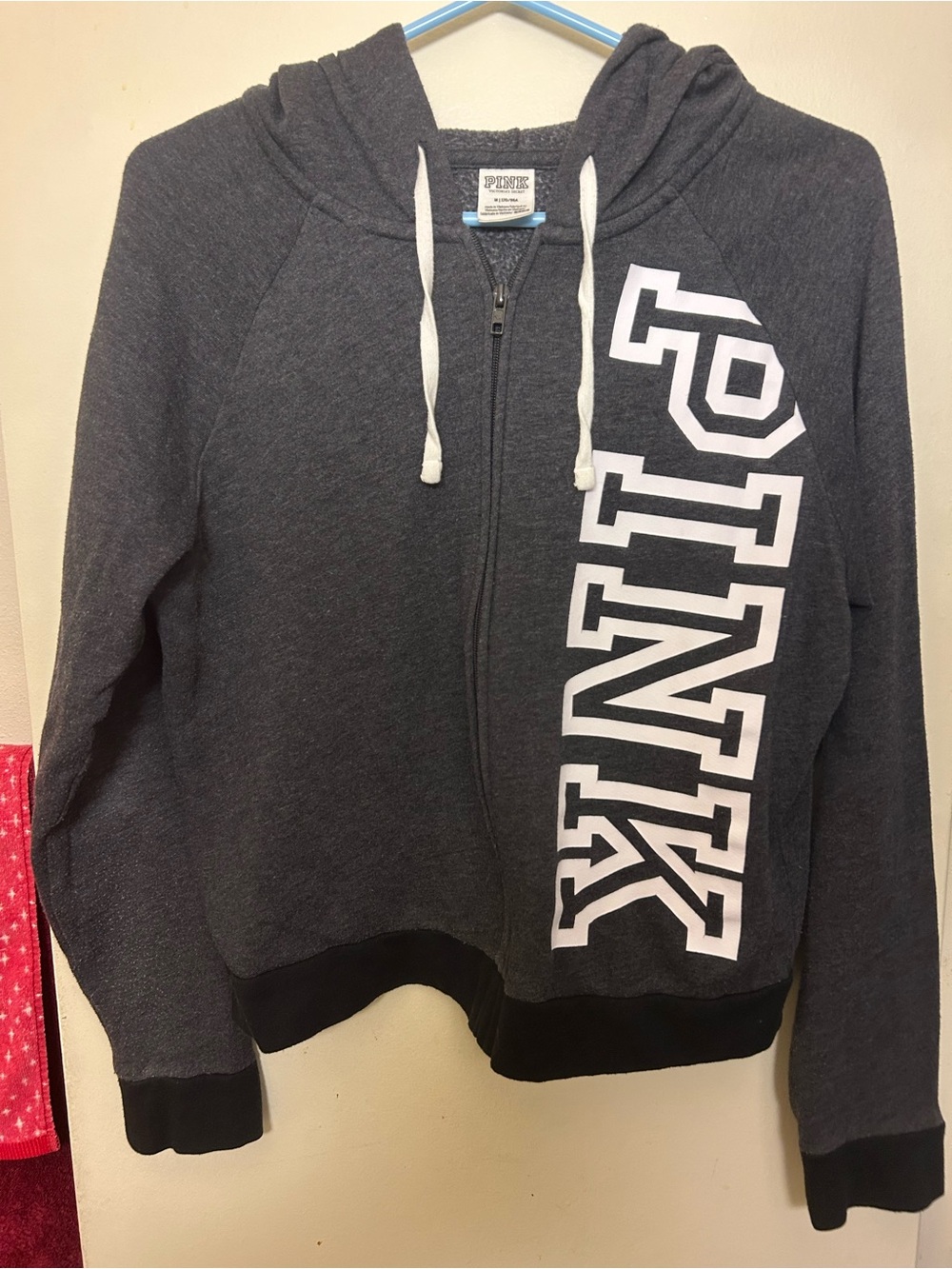 PINK Victoria's Secret Dark Gray Zip Hoodie with White Accents Size M